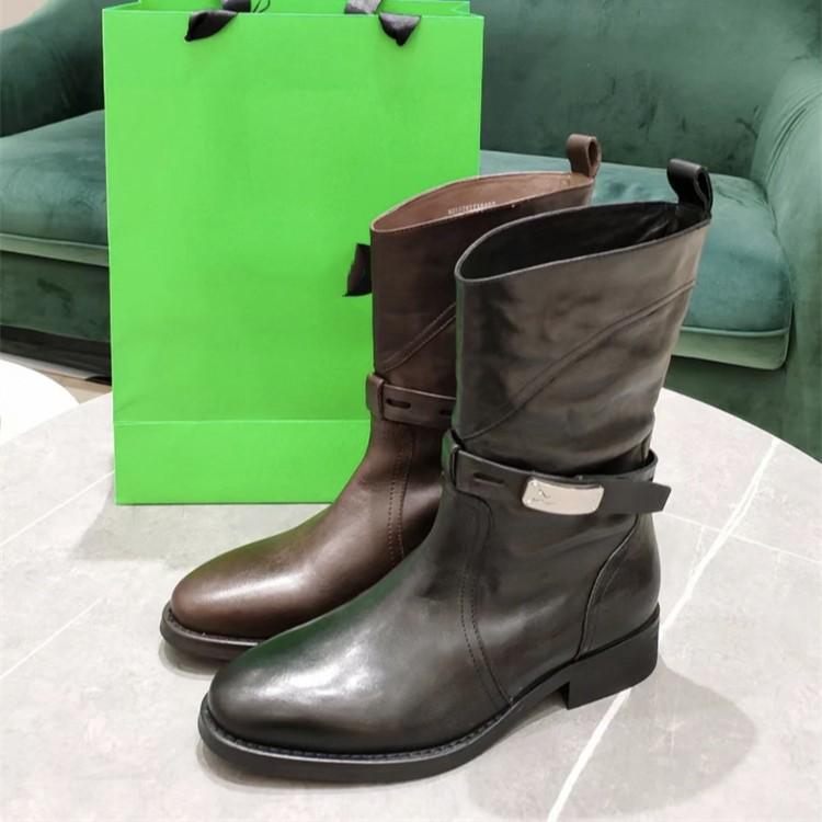 

British style round head thick heel metal buckle sleeve short boots leather retro black versatile western boots women 35