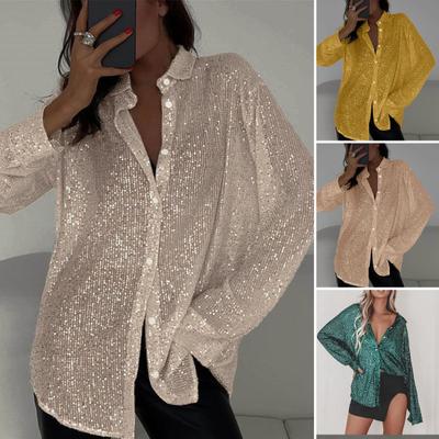 Spring Summer Shirt Lapel Long Sleeve Single Breasted Shirt Tops Sparkling Sequins