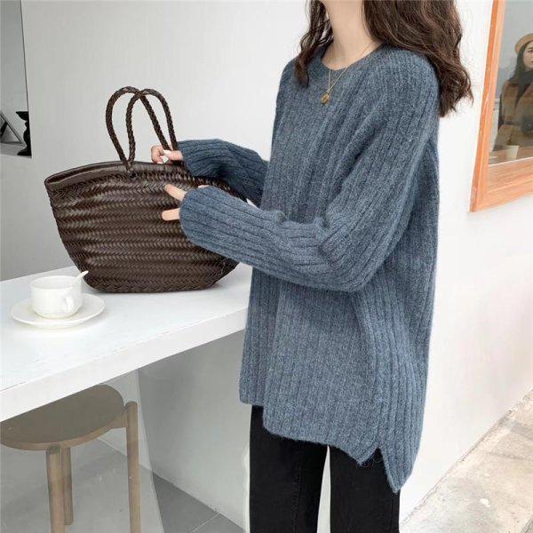 Lazy Style Korean Early Autumn Gray Round Neck Loose Sweater Knit Top 2025