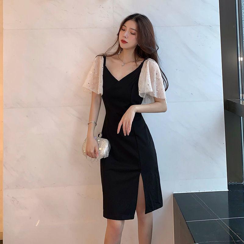 Black Side Split Dress Women's Year New Waist Skinny Skirt Sexy Temperament Summer Muse Fan