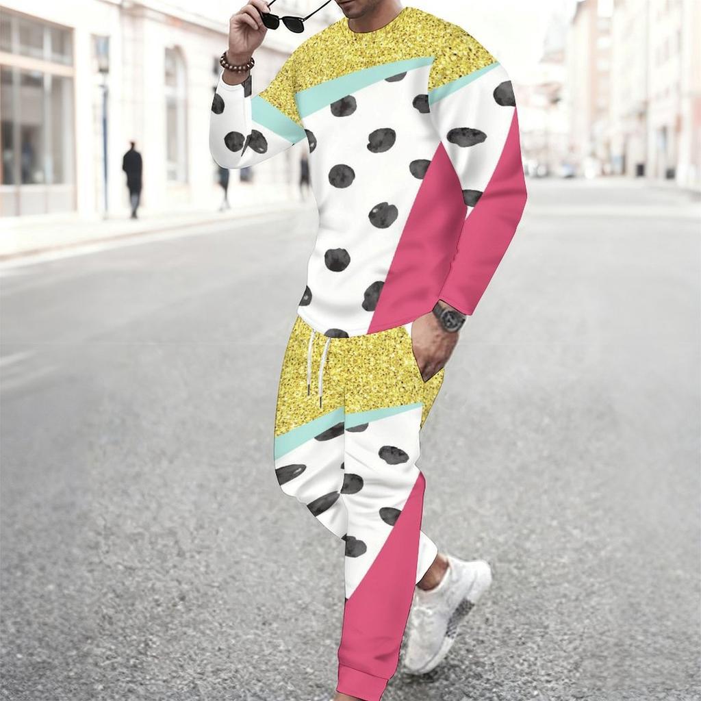 Men Blue Galaxy Starry Light Trail Print Long Sleeve Sweatshirt Jogger Pants Two Piece Suit
