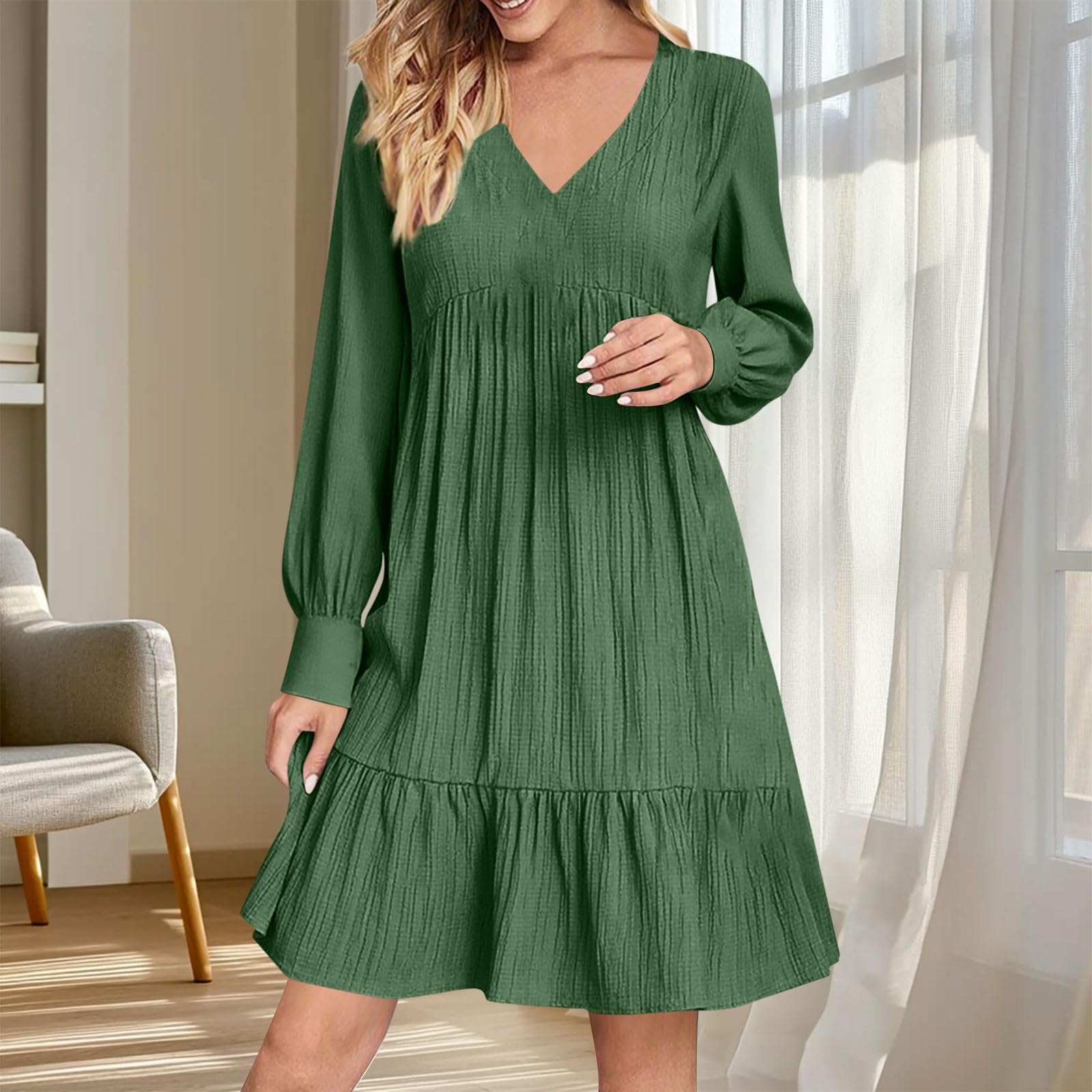 Women s Casual V-Neck Pleated High Waist Lace Trim Long Sleeve Loose Fit Dress L
