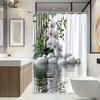Zen Orchid & Bamboo Print Shower Curtain With White Pebbles - Reflective Polyester Fabric, Includes 12 Hooks, Machine Washable,