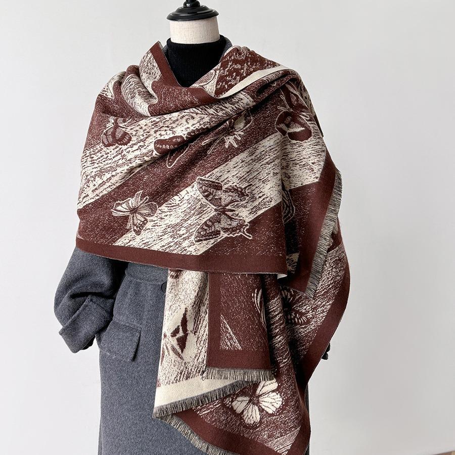 Luxury Butterfly Print Faux Cashmere Scarf: Warm, Stylish Color-Block Shawl for Women, Perfect Winter Neck Warmer