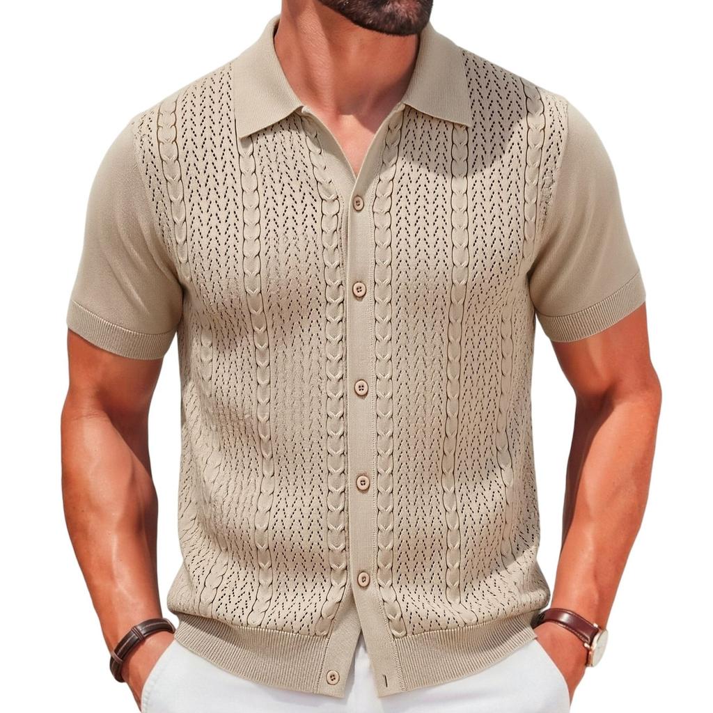 Men's Summer Knit Shirts Short Sleeve Button Down Polo Shirt Beach Knitted Casual Shirt Tops Breathable Lightweight Vacation Vintage Shirts for Male