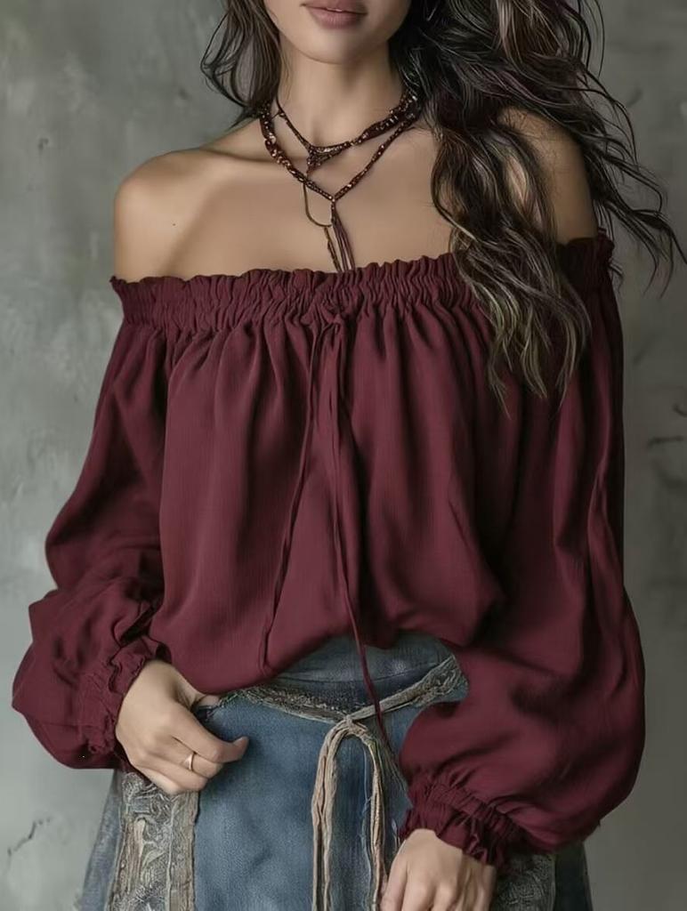 Nuovo top monospalla europeo e americano, manica a sbuffo, scollo elasticizzato, design allacciato, manica lunga alla moda ed elegante da donna