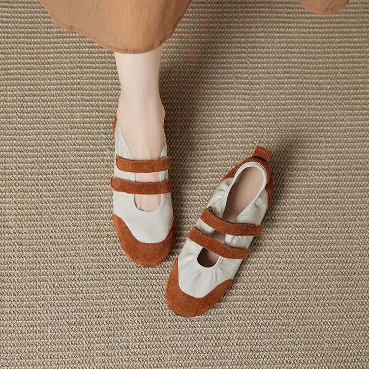 Cowhide Version~ French Retro Style Color Matching Light Mouth Mary Jane Shoes 2025 New Round Head Commuter Flat Shoes
