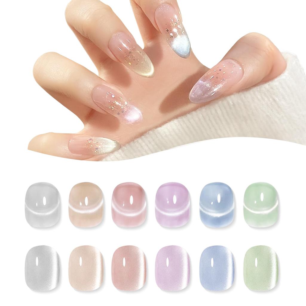 Beauty7 Magnetic Gel Cat Eye Gel Set 8ml Glass Bead Cat Eye Manicure Fine Particles Transparent Sheer Color Gel Nail Polish for DIY Beginners Low Odor