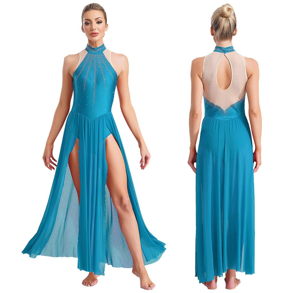 Vestido de dança lírica moderna feminina, sem mangas, com fenda, malha transparente, vestido de malha para balé e ginástica, roupa de dança contemporânea para performance