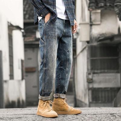 Men's Retro Patchwork Workwear Jeans: Korean Style, Loose Fit, Harem Straight Pants for Autumn and Winter