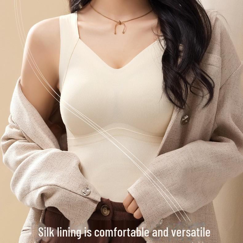 Women's Seamless Warm Vest with Chest Pads, Bra-Free, Silk-Thickened, German Velvet Innerwear for Autumn and Winter.