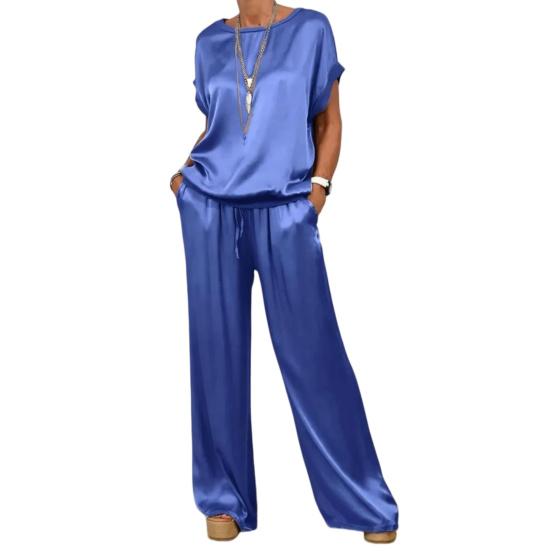 Women Summer Satin Lounge Sets Short Sleeve Crew Neck Top And Wide Leg Pants Set Casual Vacation 2 Piece Outfits