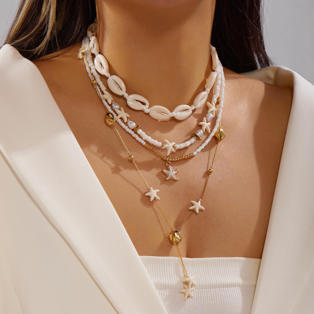 4Pcs/Set Vacation Shell Starfish Seed Bead Long Necklace Summer Beach Ocean Theme Boho Layered Jewelry For Women