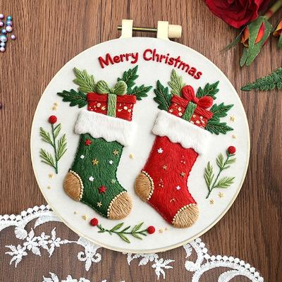 4 Pack Embroidery Kit with Christmas Patterns Stamped Cross Stitch Kits with Embroidery Hoop Needles Threads Instruction
