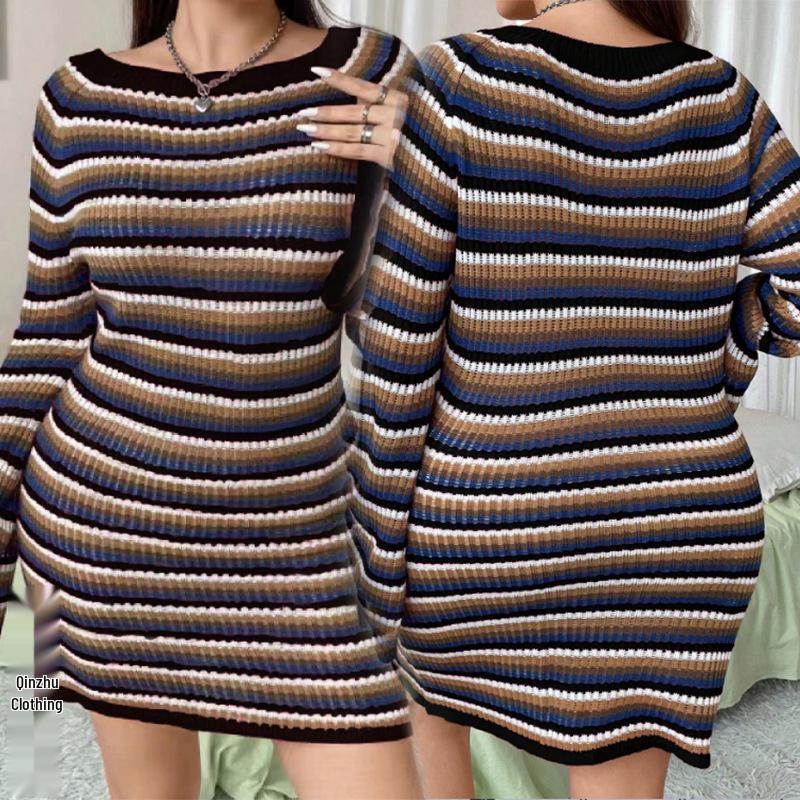 

New Plus Size Women s Striped Color Block Knitted Bodycon Midi Dress with One-Shoulder Flare Sleeve 2XL