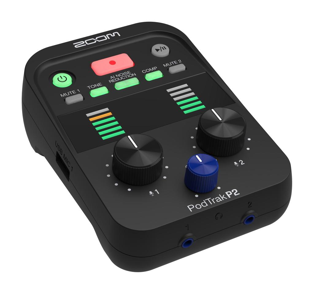 Zoom P2 Podcast Recorder, Black, Palm-Sized, with AI Noise Reduction, Streaming USB Microphone Recorder, Supports Two USB Microphone Inputs and Two