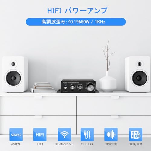 Power Amplifier, Bluetooth Amplifier, Stereo Audio Amplifier, Karaoke Amplifier, High Output, 100W USB Playback, Hi-Fi, High and Low Bass, Multi-Funct