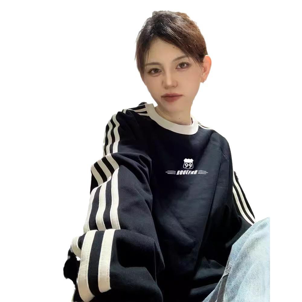 Women's 2024 Autumn/Winter Three-Stripe Fleece Sweatshirt - Casual Round Neck, Long Sleeve, Loose Fit.