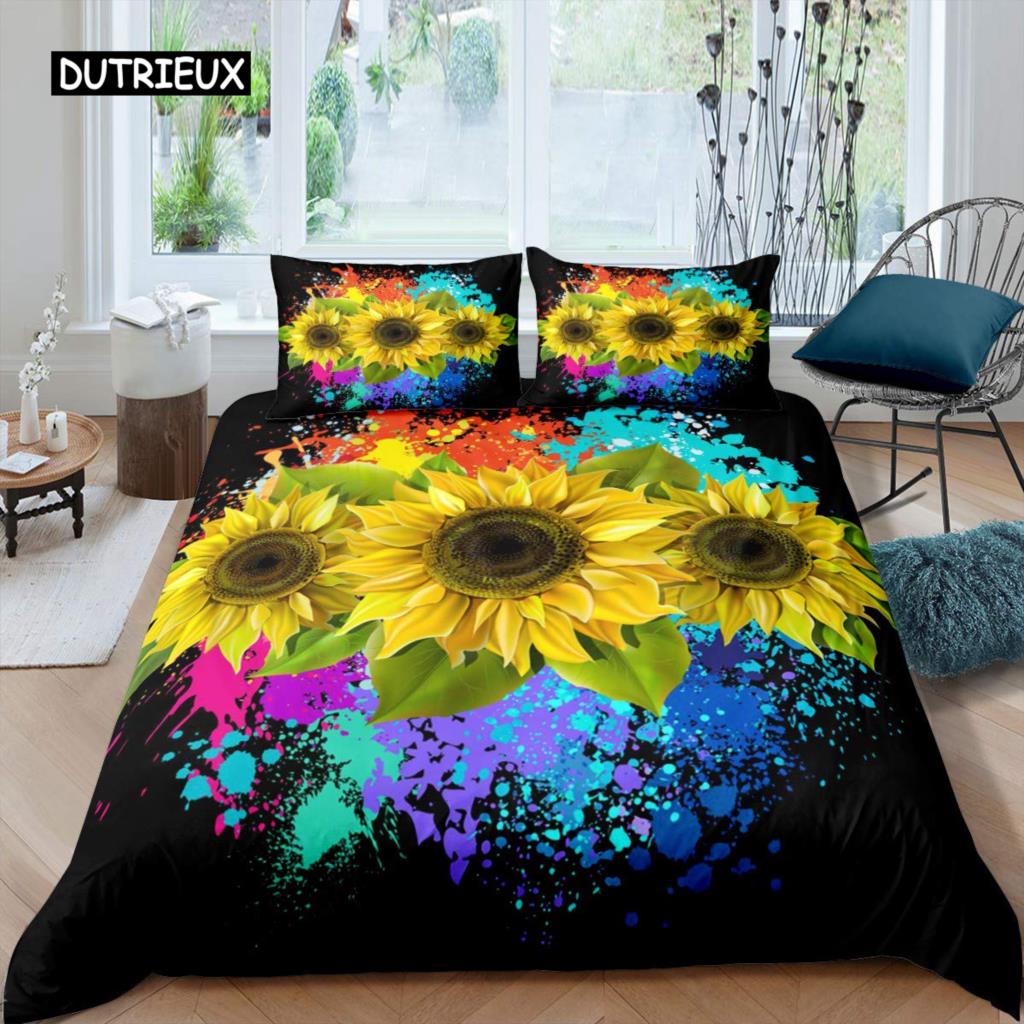 Sunflower Duvet Cover Set Queen Set Milk Cow Comforter Cover Black White Abstract Bedding Set Plant Leaf Polyester Quilt Cover