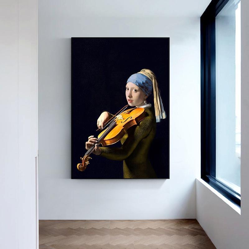 İnci küpeli ünlü kız, posterler, tuval, yağlı boya, komik köpek yavrusu, çiçekler, gitar, oturma odası için duvar sanatı, ev dekoru