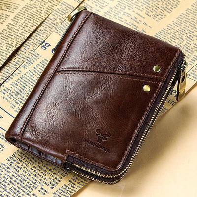 Portafoglio da uomo bifold sottile in vera pelle con doppia cerniera RFID con blocco RFID
