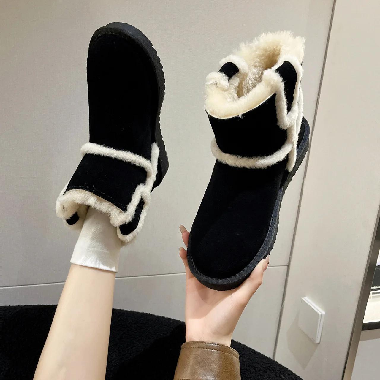 

Европейские и американские ретро-зимние ботинки для женщин 2024 года, новые кожаные и меховые интегрированные плюшевые утолщенные теплые короткие ботинки со средним рукавом 40