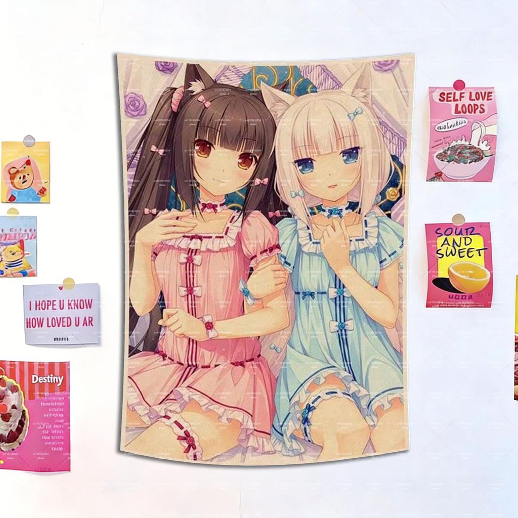Nekopara Chocola Vanilla Tapestry Cute Neko Girls Anime Wall Hanging Kawaii Cat Girl Bedroom Dorm Decor for Fans