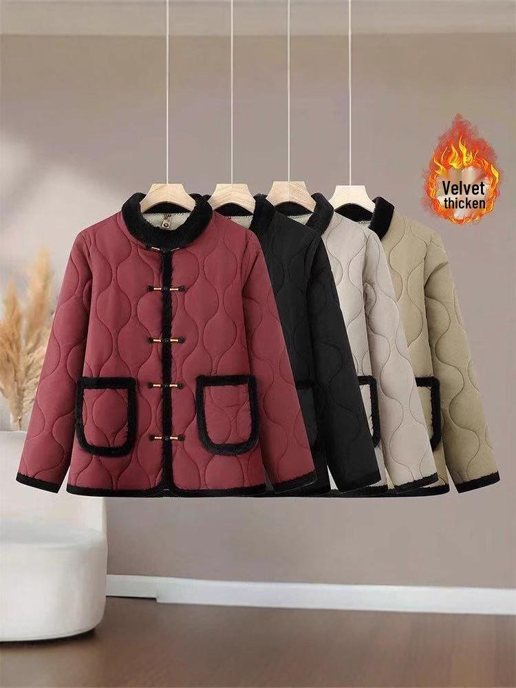 

Женская бархатная плотная куртка в китайском стиле для беременных с пуговицами-лягушками - Теплая зимняя хлопковая верхняя одежда для женщин среднего и пожилого возраста, повседневная. 5XL (135-145cm) хаки