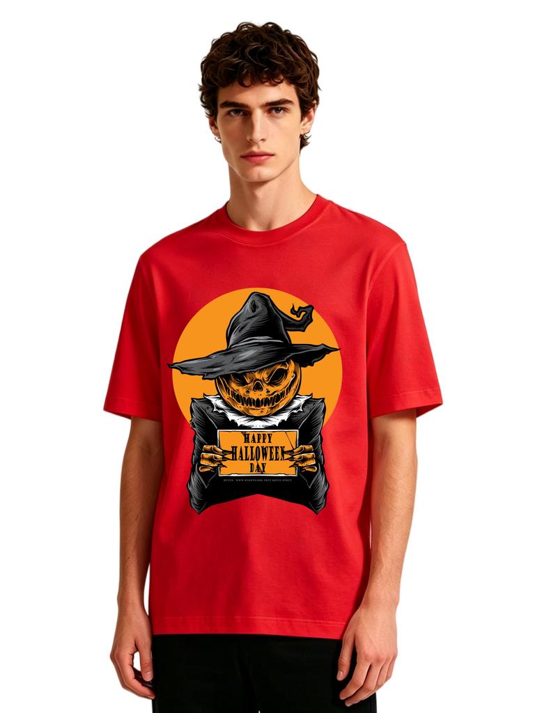 Mens Happy Halloween Pumpkin Scarecrow Graphic Tshirt Retro Spooky Print Casual Short Sleeve White Cotton Tee