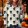 Women's Casual Long Sleeve Knit Top with Halloween Print and Lapel Collar