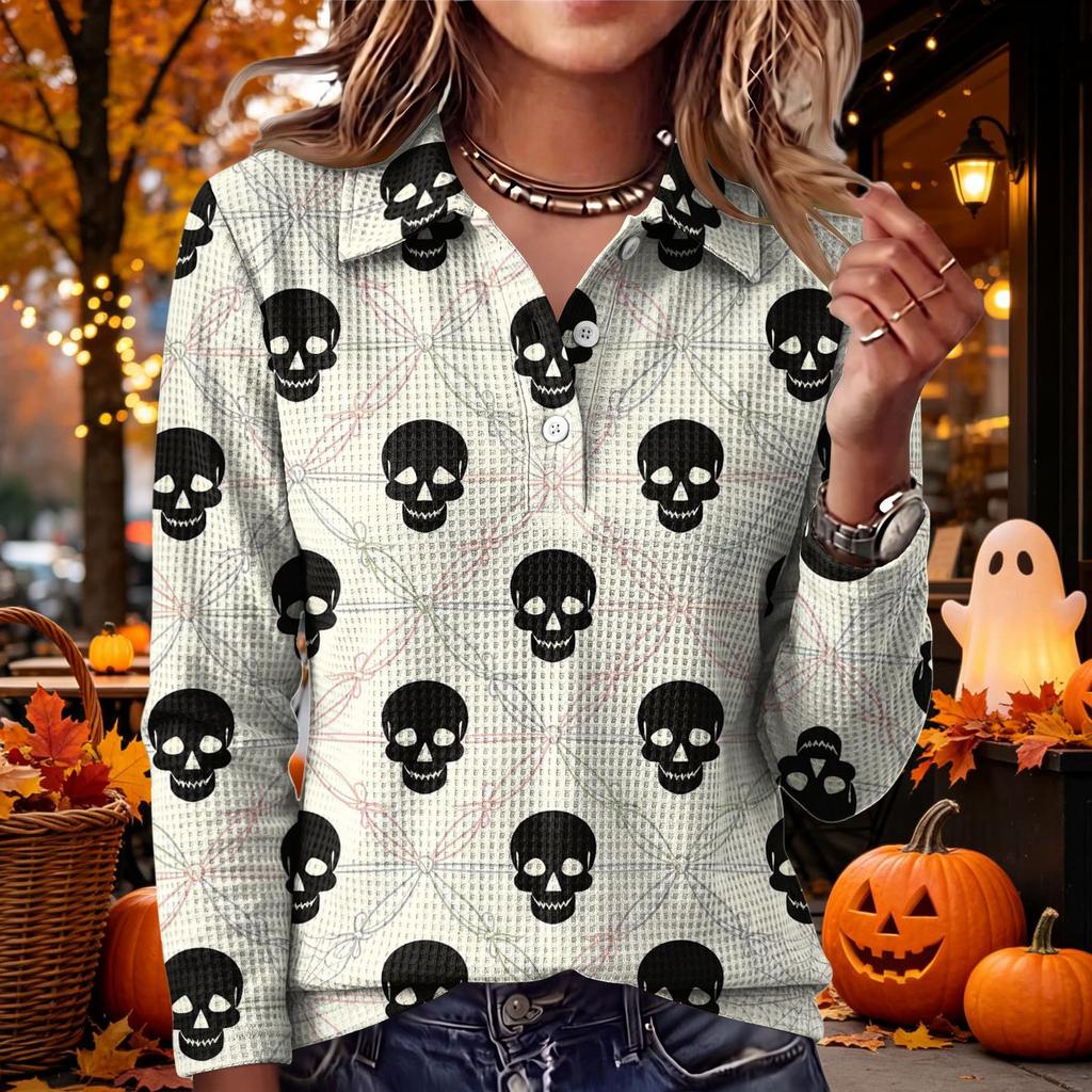 Women's Casual Long Sleeve Knit Top with Halloween Print and Lapel Collar