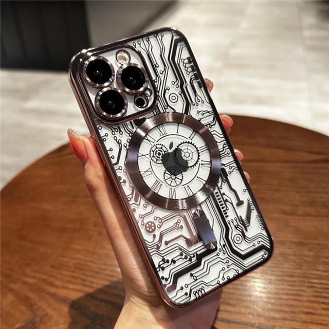For iPhone 15 Pro Max Luxury Plating Magsafe Magnetic Mechanical Pattern Phone Case For iPhone 11 12 13 14 Plus Protective Cover