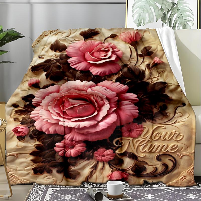 Custom Name Pink Floral Elegant Text. Flannel Fleece Blanket Cozy Warm Throw Blanket For Couch Bed Travel All Season Use