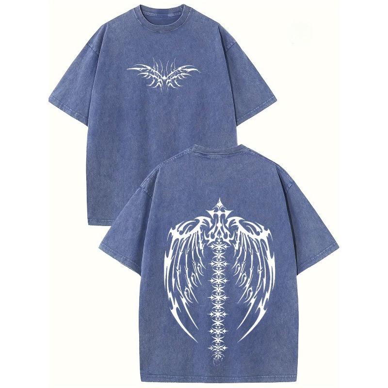 European sizes Men's T-Shirt- Features a Double-Sided Retro White Wing Design, Round Neck, Perfect for Casual Outdoor Wear