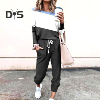 2 Pcs/Set Women Top Pants Suit Round Neck Long Sleeves Colorblock Sport Sweatshirt Drawstring Elastic Waist Trousers Fitness Outfit Fall Spring