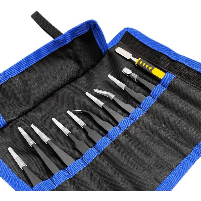 10/11pcs Complete Set of Industrial Tweezers, Stainless Steel Precision Bending Straight Tweezers, Anti-static ESD Maintenance T