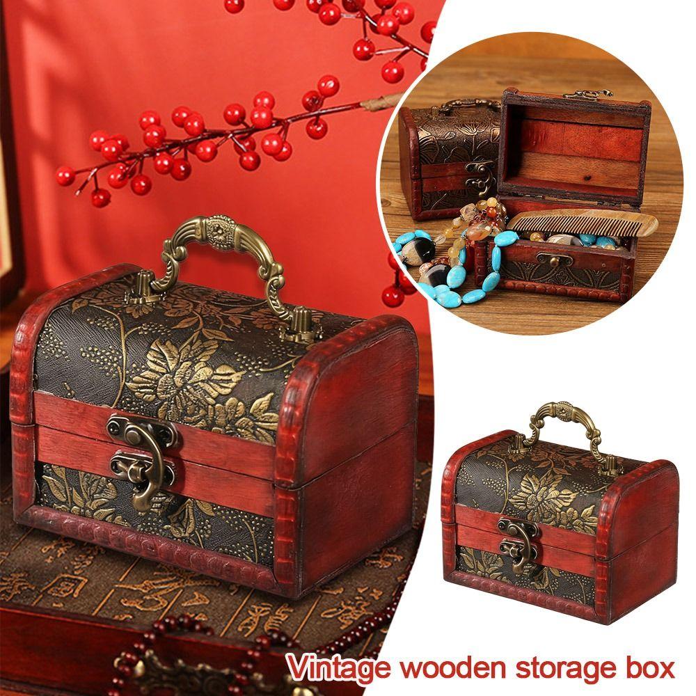 Vintage Treasure Chest Mini Trinket Box Portable Wooden Jewelry Box Cosmetics Organizer