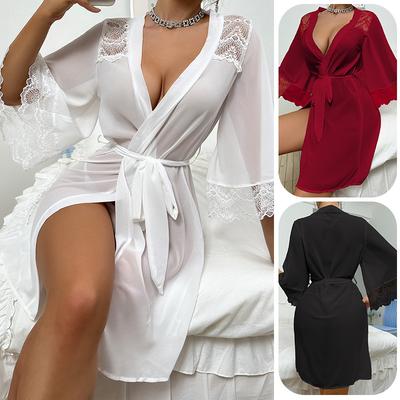 Sexy Pyžamo Šifon Krajka Prošívání Perspektiva Noční košile Svádění Dámský Cardigan