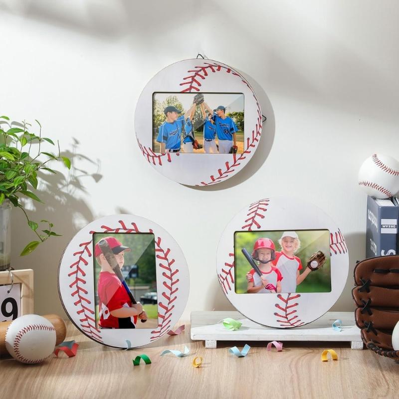 2Pcs Wood Baseball Soccer Photo Frames Sports Themed Tabletop Display Picture Holders for Home Decors for Athletes Team