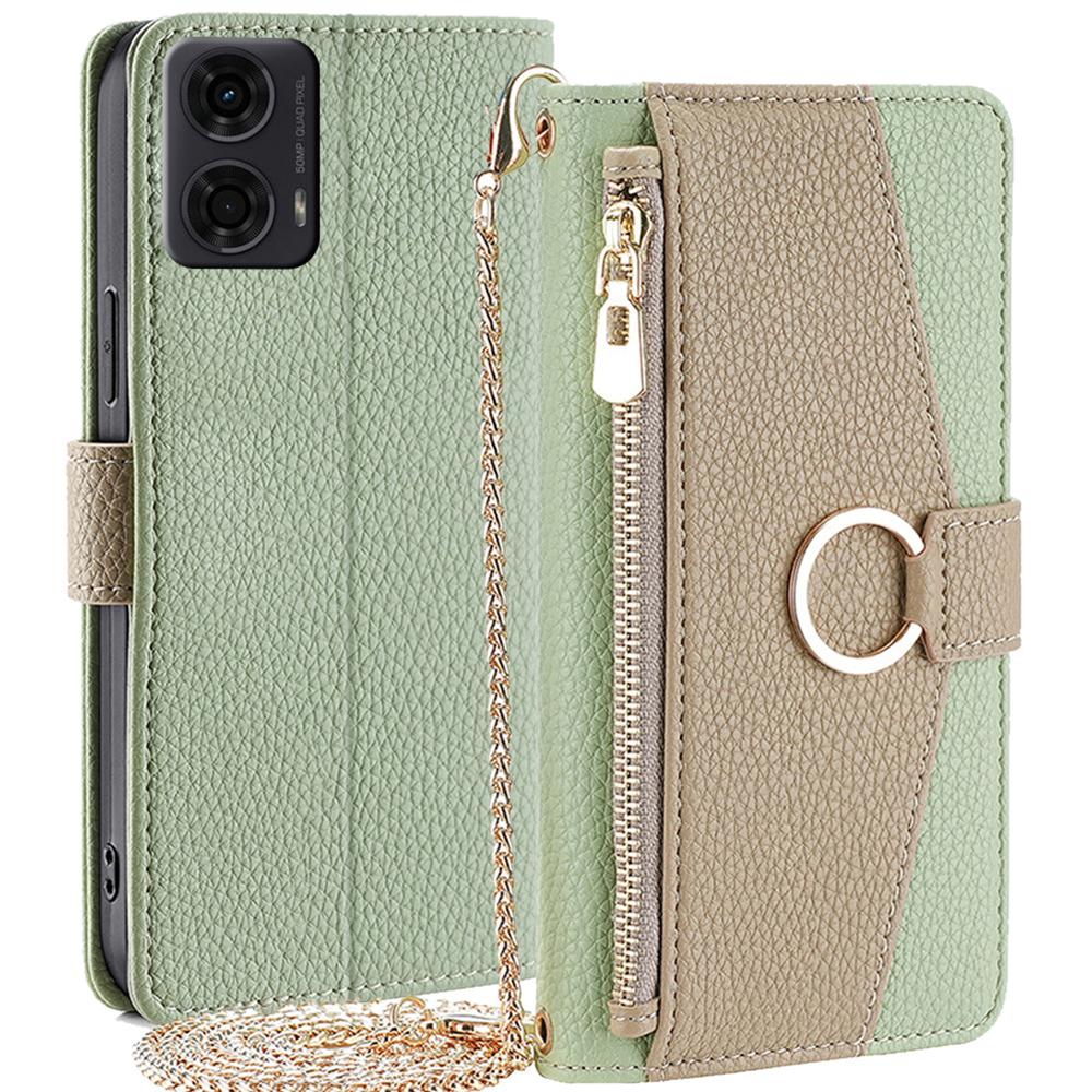

For Motorola Moto E14 4G/G04 4G/G04s 4G/G24 4G Case Zipper Wallet Leather Phone Cover with Mirror Design Green