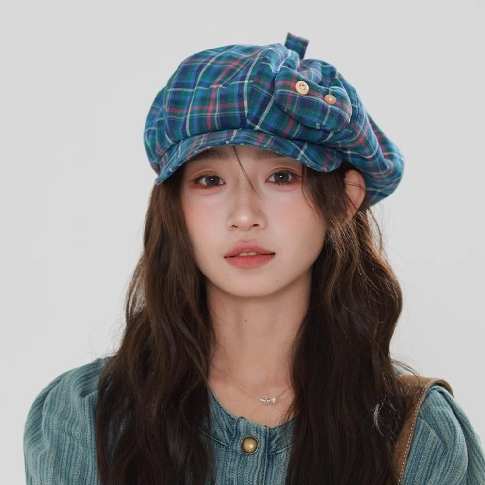 Korean Style Plaid Cloud Berets Sun Protection Octagonal Caps Retro Newsboy Cap  Female