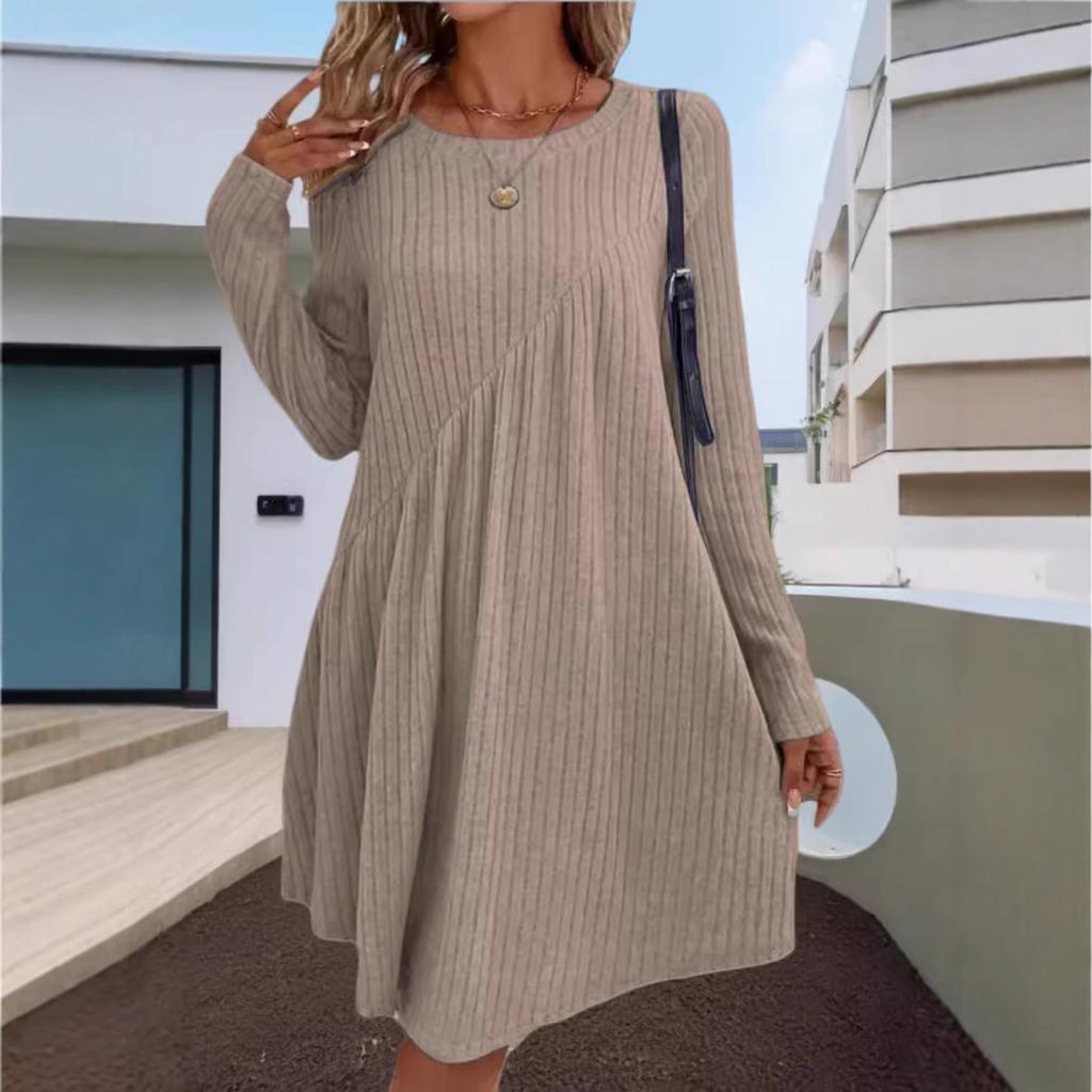 Women's Long Sleeve Knit A-Line Dress with Vertical Stripes
