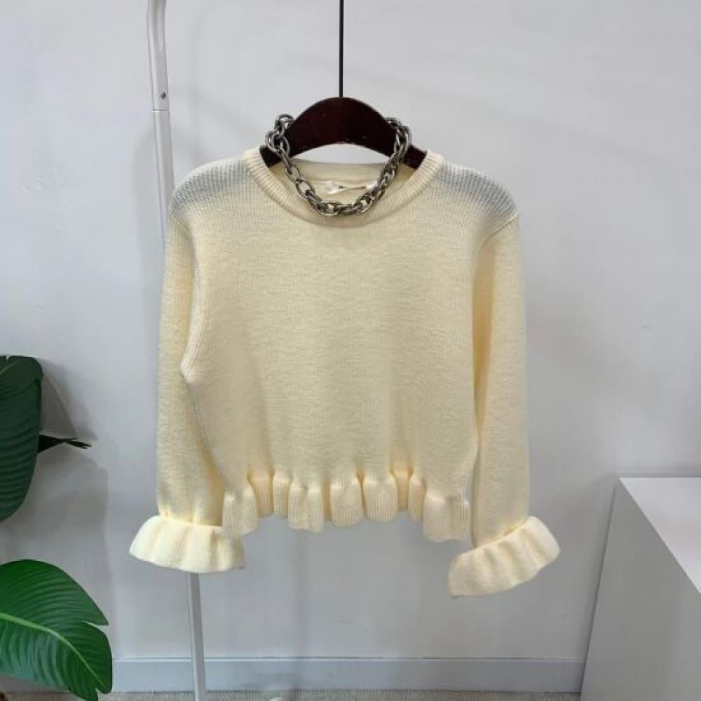 C S In The Room Lotik Round neCk Frill Crop Long Sleeve Knit 3Color