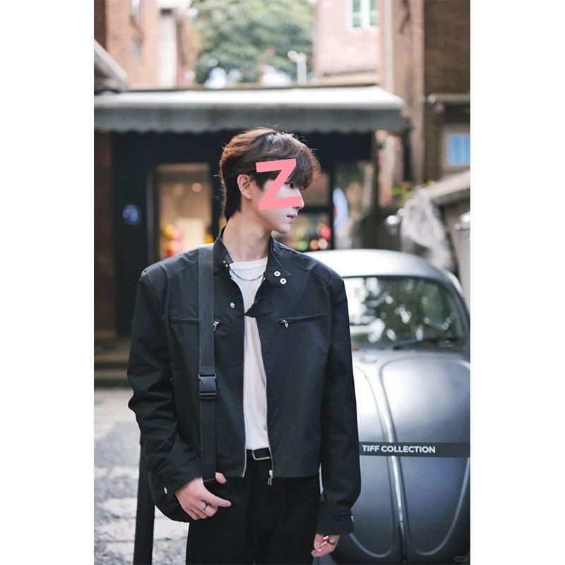 Men s Trendy High-End Padded Shoulder Motorcycle Jacket with Stand Collar. S чёрный