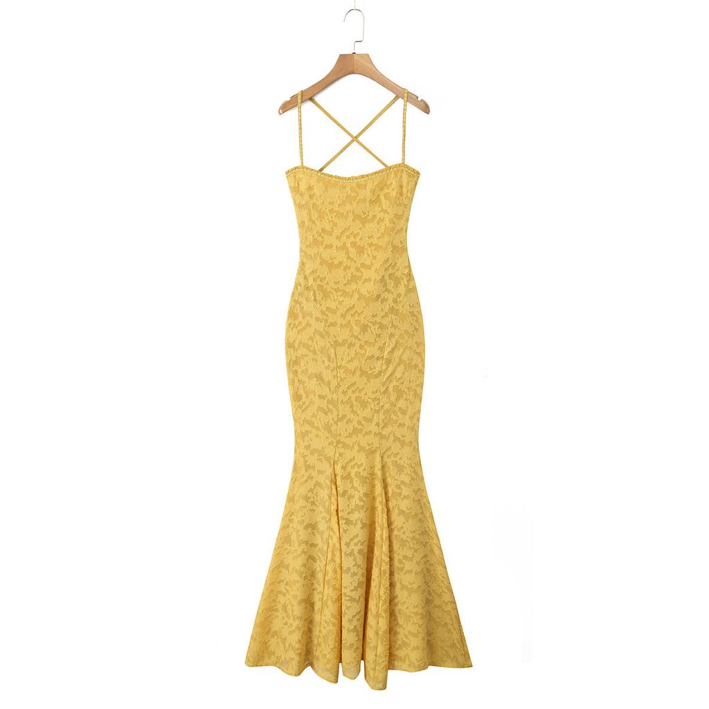 French niche suspender dress women's autumn vacation style elegant waist strap super long fishtail dress