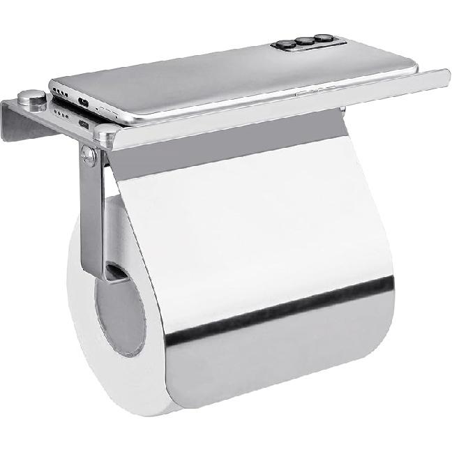 Double Toilet Paper Holder-SUS 304 Stainless Steel Tissue Roll Rack with Phone Storage Shelf (Polished Chrome) Medium