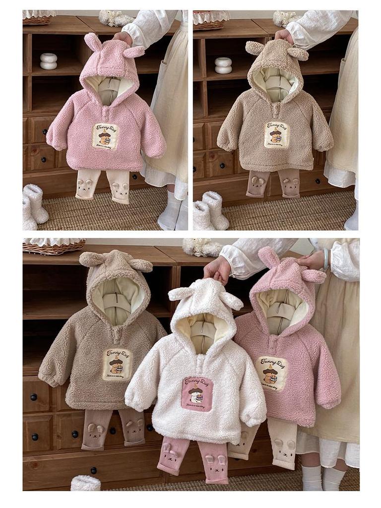 Children's 2025 Winter Hooded Fur Sweater: Cute Girls' Korean Style Thick Pullover with Patch Applique.