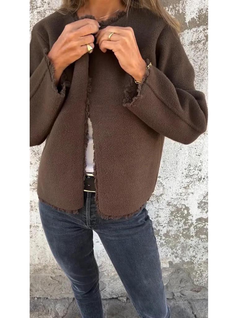 Women's 2025 Fashion Crew Neck Long Sleeve Woolen Coat