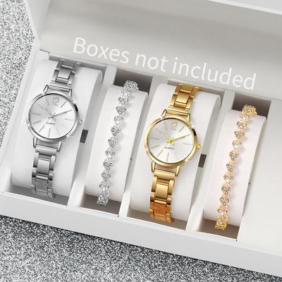 4 STÜCKE/Set Modeuhr Vereinfachter Stil Edelstahlarmband Quarzuhr Gold Roségold Armbandset