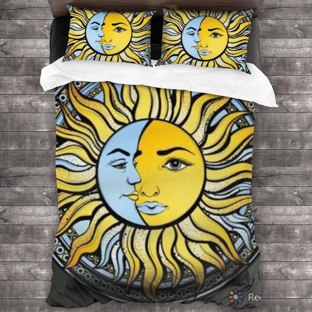 Retro Sun and Moon Duvet Cover Set with 2 Pillowcase Quilt Cover King Queen Size Polyester Comforter Cover for Kids Teens Boys